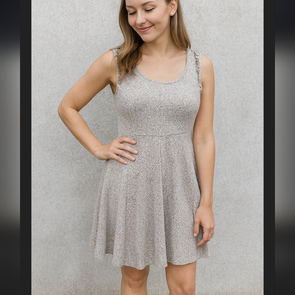 Free People Sleeveless Beaded Cutout Back Skater Dress in Tan